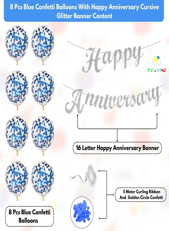 Flyloons Silver Happy Anniversary Banner with Confetti Balloons Decoration Kit for Men Women 8 Pc Blue Colour Confetti Meatallic Balloons Reusable Happy Wedding Anniversary Banner - Image 2